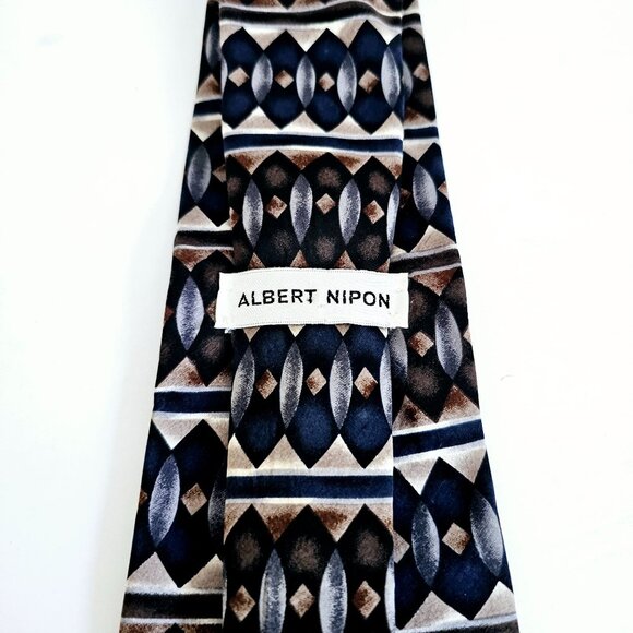 Albert Nipon Geometric‎ Pattern Silk Tie Mens Accessory Black & Brown~T169.3 - Picture 2 of 4